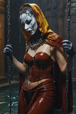 3D artwork, upper body of a caracter represesenting a mighty harlequin female  with a surreal white mask, (surrealistic big stylized plastic hat in the style of Michael Cheval), mantle, bolts and iron chains. (Majestic pose:1.4), (hieratic expression:1.6), emerging from the darkness in the style of Caravaggio. Red, yellow, (teal:0.7), forming perfect ornamental stripes patterns on a (rusted:0.9) armor. Matte surfaces. Side light, UHD, high resolution, 8k, black gothic cathedral interior background, warm golden light,  h, (wet clothes, wet hair, wet, wet face, wet skin, 1girl, making out, in water, draped in shawl : 1.2),soakingwetclothes,bound by chains.