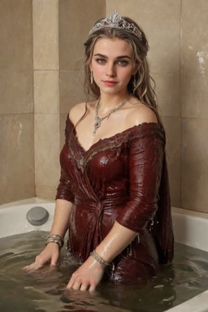 An exquisite masterpiece by Greg Rutkowski: a stunning wet anime female donning a medieval noble smile standing amidst an opulent bathroom setting. Soft, wet hair cascades down her wet porcelain skin as she gazes up at the camera, wet shawl wrapped elegantly around her shoulders. White tiles glisten beneath her, reflecting the subtle play of watercolor hues on her wet Victorian ballgown-clad form. Intricate details abound: delicate jewelry sparkles against her soaking-wet skin, while a tiara adorns her regal coiffure. The scene is bathed in warm, golden light, with the subject's face focused as she basks in the serenity of this majestic moment.,soakingwetclothes, ((heavy rain, beautiful faces, soakingwetclothes, saree, shawl,  wet clothes, wet hair, wet skin, tiara, jewelry, clothes cling to skin, bracelet, necklace, watch, submerged in tub:1.3)),Pakistani dress