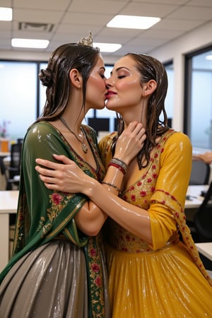 (wet clothes, wet hair, wet, wet face, wet skin,) 2girls, Two beautiful soaking wet Queens are kissing passionately in a modern office wearing beautiful wet  royal grey yellow ballgowns with intricate embroidery design.  They also wears wet green red royal cwet ape with heavy golden design motif. Wetness cascading through their body and clothes. ,soakingwetclothes, ((, beautiful faces, soakingwetclothes, ballgowns, wet ballgowns , wet faces, shawls, wet clothes, wet hair, wet skin, tiara, jewelry, clothes cling to skin, bracelet, necklace, watch :1.3)),Pakistani dress,18thcentury,georgian gown,Fetishwet,Wet,covered in oil,covered in mud,wam,pouring oil,wetlook,pouring oil,Wetfetish,Enhanced all