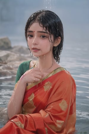 wet hair,SoakingWetClothes,  ((wet clothes, wet hair, bathing in water, face focused, skin pores, blouse, saree , detail face, )),wet hair,girl wearing indian saree,aliabhatt,SoakingWetClothes