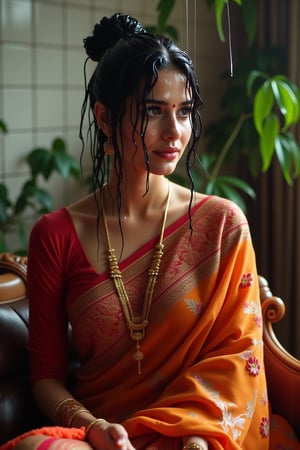 (wet clothes, wet hair, wet, wet face, wet skin, slimy hair , slimy saree, smily skin,wet slimed clothes cling to skin, slime shiny : 1.4 ) A soaking wet woman, adorned in traditional attire, sitting indoor amidst living room. She is wrapped in a very very wet soaked richly patterned, saree with intricate golden motifs. The saree has geometric designs, floral patterns, and other detailed artwork. The woman is also wearing a gold necklace, and her soaked hair is neatly tied up in a bun. Long sleeve . The background consists of trees and foliage, suggesting a serene and natural setting. Her hair skin clothes are wet . She has shampoo on her hair and soap all over her body. natural, volumetric lighting, 4K, RAW, masterpiece
 , , oil cascading clothes and skin, close-up portrait, white tiles background
.
, soakingwetclothes, wet clothes, wet hair, Visual Anime,art_booster,anime_screencap,fake_screenshot,anime coloring,Wet,covered in oil,covered in mud,wam,pouring oil,wetlook,pouring oil,Fetishwet