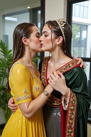 (wet clothes, wet hair, wet, wet face, wet skin,) 2girls, Two beautiful soaking wet Queens are kissing passionately in a modern office wearing beautiful wet  royal grey yellow ballgowns with intricate embroidery design.  They also wears wet green red royal cwet ape with heavy golden design motif. Wetness cascading through their body and clothes. ,soakingwetclothes, ((, beautiful faces, soakingwetclothes, ballgowns, wet ballgowns , wet faces, shawls, wet clothes, wet hair, wet skin, tiara, jewelry, clothes cling to skin, bracelet, necklace, watch :1.3)),Pakistani dress,18thcentury,georgian gown,Fetishwet,Wet,covered in oil,covered in mud,wam,pouring oil,wetlook,pouring oil,Wetfetish,Enhanced all