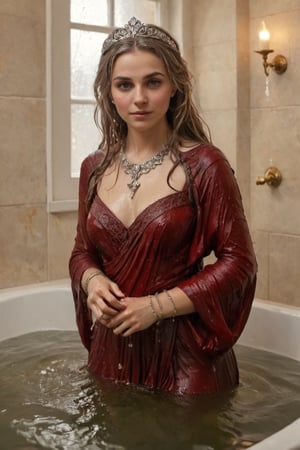 An exquisite masterpiece by Greg Rutkowski: a stunning wet anime female donning a medieval noble smile standing amidst an opulent bathroom setting. Soft, wet hair cascades down her wet porcelain skin as she gazes up at the camera, wet shawl wrapped elegantly around her shoulders. White tiles glisten beneath her, reflecting the subtle play of watercolor hues on her wet Victorian ballgown-clad form. Intricate details abound: delicate jewelry sparkles against her soaking-wet skin, while a tiara adorns her regal coiffure. The scene is bathed in warm, golden light, with the subject's face focused as she basks in the serenity of this majestic moment.,soakingwetclothes, ((heavy rain, beautiful faces, soakingwetclothes, saree, shawl,  wet clothes, wet hair, wet skin, tiara, jewelry, clothes cling to skin, bracelet, necklace, watch, submerged in tub:1.3)),Pakistani dress