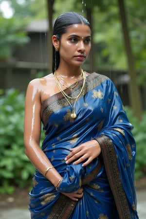 (wet clothes, wet hair, wet, wet face, wet skin, slimy hair , slimy shawl, smily skin,wet slimed clothes cling to skin, slime shiny : 1.4 ) A soaking wet woman, adorned in traditional attire, standing outdoors amidst greenery. She is wrapped in a very very wet soaked richly patterned, blue saree with intricate golden motifs. The saree has geometric designs, floral patterns, and other detailed artwork. The woman is also wearing a gold necklace, and her soaked hair is neatly tied up in a bun. The background consists of trees and foliage, suggesting a serene and natural setting. Her hair skin clothes are wet . She has shampoo on her hair and soap all over her body. natural, volumetric lighting, 4K, RAW, masterpiece
 , , oil cascading clothes and skin, close-up portrait, white tiles background
.
, soakingwetclothes, wet clothes, wet hair, Visual Anime,art_booster,anime_screencap,fake_screenshot,anime coloring,Wet,covered in oil,covered in mud,wam,pouring oil,wetlook,pouring oil,Fetishwet