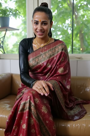 (wet clothes, wet hair, wet, wet face, wet skin, slimy hair , slimy saree, smily skin,wet slimed clothes cling to skin, slime shiny : 1.4 ) A soaking wet woman, adorned in traditional attire, sitting indoor amidst living room. She is wrapped in a very very wet soaked richly patterned, saree with intricate golden motifs. The saree has geometric designs, floral patterns, and other detailed artwork. The woman is also wearing a gold necklace, and her soaked hair is neatly tied up in a bun. Long sleeve . The background consists of trees and foliage, suggesting a serene and natural setting. Her hair skin clothes are wet . She has shampoo on her hair and soap all over her body. natural, volumetric lighting, 4K, RAW, masterpiece
 , , oil cascading clothes and skin, close-up portrait, white tiles background
.
, soakingwetclothes, wet clothes, wet hair, Visual Anime,art_booster,anime_screencap,fake_screenshot,anime coloring,Wet,covered in oil,covered in mud,wam,pouring oil,wetlook,pouring oil,Fetishwet