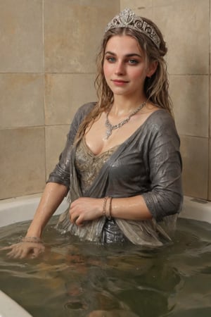 An exquisite masterpiece by Greg Rutkowski: a stunning wet anime female donning a medieval noble smile standing amidst an opulent bathroom setting. Soft, wet hair cascades down her wet porcelain skin as she gazes up at the camera, wet shawl wrapped elegantly around her shoulders. White tiles glisten beneath her, reflecting the subtle play of watercolor hues on her wet Victorian ballgown-clad form. Intricate details abound: delicate jewelry sparkles against her soaking-wet skin, while a tiara adorns her regal coiffure. The scene is bathed in warm, golden light, with the subject's face focused as she basks in the serenity of this majestic moment.,soakingwetclothes, ((heavy rain, beautiful faces, soakingwetclothes, saree, shawl,  wet clothes, wet hair, wet skin, tiara, jewelry, clothes cling to skin, bracelet, necklace, watch, submerged in tub:1.3)),Pakistani dress