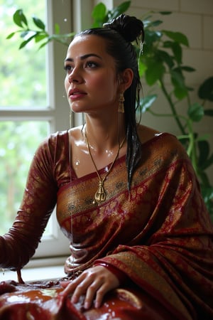 (wet clothes, wet hair, wet, wet face, wet skin, slimy hair , slimy saree, smily skin,wet slimed clothes cling to skin, slime shiny : 1.4 ) A soaking wet woman, adorned in traditional attire, sitting indoor amidst living room. She is wrapped in a very very wet soaked richly patterned, saree with intricate golden motifs. The saree has geometric designs, floral patterns, and other detailed artwork. The woman is also wearing a gold necklace, and her soaked hair is neatly tied up in a bun. Long sleeve . The background consists of trees and foliage, suggesting a serene and natural setting. Her hair skin clothes are wet . She has shampoo on her hair and soap all over her body. natural, volumetric lighting, 4K, RAW, masterpiece
 , , oil cascading clothes and skin, close-up portrait, white tiles background
.
, soakingwetclothes, wet clothes, wet hair, Visual Anime,art_booster,anime_screencap,fake_screenshot,anime coloring,Wet,covered in oil,covered in mud,wam,pouring oil,wetlook,pouring oil,Fetishwet