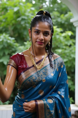 (wet clothes, wet hair, wet, wet face, wet skin, slimy hair , slimy shawl, smily skin,wet slimed clothes cling to skin, slime shiny : 1.4 ) A soaking wet woman, adorned in traditional attire, standing outdoors amidst greenery. She is wrapped in a very very wet soaked richly patterned, blue saree with intricate golden motifs. The saree has geometric designs, floral patterns, and other detailed artwork. The woman is also wearing a gold necklace, and her soaked hair is neatly tied up in a bun. The background consists of trees and foliage, suggesting a serene and natural setting. Her hair skin clothes are wet . She has shampoo on her hair and soap all over her body. natural, volumetric lighting, 4K, RAW, masterpiece
 , , oil cascading clothes and skin, close-up portrait, white tiles background
.
, soakingwetclothes, wet clothes, wet hair, Visual Anime,art_booster,anime_screencap,fake_screenshot,anime coloring,Wet,covered in oil,covered in mud,wam,pouring oil,wetlook,pouring oil,Fetishwet