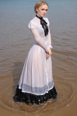 Dripping wet, blonde, braided hair,victorian dress,soakingwetclothes