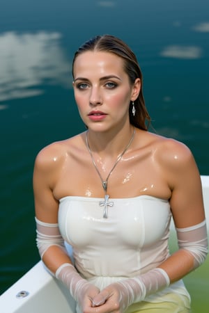 (Wet clothes,  wet hair,  wet skin:1.2) .

a medium-angle shot captures a woman in a white strapless dress, adorned with a cross necklace and earrings. The woman's dress is adorned with white gloves, adding a touch of touch to her outfit. Her hair is pulled back, cascading over her shoulders, framing her face. Her eyes are a deep blue, and her lips are pursed. The backdrop is a deep, blue-green, with a few white clouds floating in the water.

nt.,Wet,covered in oil,covered in mud,wam,wet clothes,pouring oil,wetlook,pouring oil,Fetishwet,Enhanced all,Wetfetish