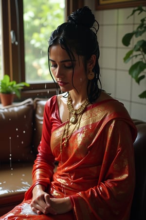 (wet clothes, wet hair, wet, wet face, wet skin, slimy hair , slimy saree, smily skin,wet slimed clothes cling to skin, slime shiny : 1.4 ) A soaking wet woman, adorned in traditional attire, sitting indoor amidst living room. She is wrapped in a very very wet soaked richly patterned, saree with intricate golden motifs. The saree has geometric designs, floral patterns, and other detailed artwork. The woman is also wearing a gold necklace, and her soaked hair is neatly tied up in a bun. Long sleeve . The background consists of trees and foliage, suggesting a serene and natural setting. Her hair skin clothes are wet . She has shampoo on her hair and soap all over her body. natural, volumetric lighting, 4K, RAW, masterpiece
 , , oil cascading clothes and skin, close-up portrait, white tiles background
.
, soakingwetclothes, wet clothes, wet hair, Visual Anime,art_booster,anime_screencap,fake_screenshot,anime coloring,Wet,covered in oil,covered in mud,wam,pouring oil,wetlook,pouring oil,Fetishwet