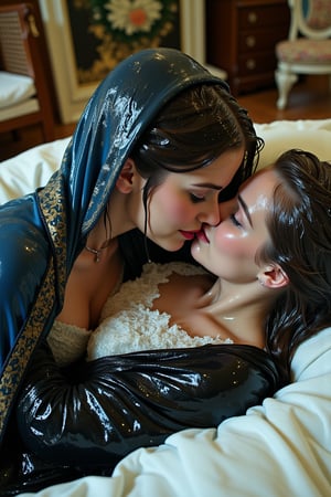 (wet clothes, wet hair, wet, wet face, wet skin, two girls kissing, shawl , wet veil, A cinematic photo of a soaking wet women princess in wet  Victorian-stylebred white  bridal ballgown attires and elegantly draped in wet black blue shawls with golden motif design, lying on another princess wet while they are sleeping together on a wet bed. Both of them are queens. They are making out and kissing. covered by a wet blanket. The dresses and shawls are wet and clinging to their bodies. Their dresses covered in transparens slimes. Their hair are completely wet and cling to their head and face. They wear a wet slimy shawl. slimy clothes, slimy hairs..: 1.4 ),(60s film , , soakingwetclothes, wet clothes, wet hair,photorealistic,georgian gown,18thcentury,Georgian gown,Pakistani dress,victorian dress,Fetishwet,Wet,covered in oil,covered in mud,wam,pouring oil,wetlook,pouring oil,Wetfetish,Enhanced all