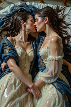 (wet clothes, wet hair, wet, wet face, wet skin, two girls kissing, shawl , wet veil, A cinematic photo of a soaking wet women princess in wet  Victorian-stylebred white  bridal ballgown attires and elegantly draped in wet black blue shawls with golden motif design, lying on another princess wet while they are sleeping together on a wet bed. Both of them are queens. They are making out and kissing. covered by a wet blanket. The dresses and shawls are wet and clinging to their bodies. Their dresses covered in transparens slimes. Their hair are completely wet and cling to their head and face. They wear a wet slimy shawl. slimy clothes, slimy hairs..: 1.4 ),(60s film , , soakingwetclothes, wet clothes, wet hair,photorealistic,georgian gown,18thcentury,Georgian gown,Pakistani dress,victorian dress,Fetishwet,Wet,covered in oil,covered in mud,wam,pouring oil,wetlook,pouring oil,Wetfetish