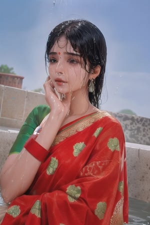 wet hair,SoakingWetClothes,  ((wet clothes, wet hair, bathing in water, face focused, skin pores, blouse, saree , detail face, )),wet hair,girl wearing indian saree,aliabhatt,SoakingWetClothes