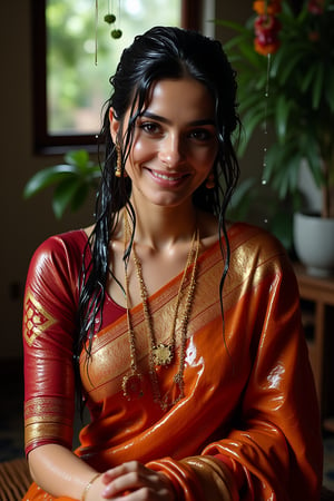 (wet clothes, wet hair, wet, wet face, wet skin, slimy hair , slimy saree, smily skin,wet slimed clothes cling to skin, slime shiny : 1.4 ) A soaking wet woman, adorned in traditional attire, sitting indoor amidst living room. She is wrapped in a very very wet soaked richly patterned, saree with intricate golden motifs. The saree has geometric designs, floral patterns, and other detailed artwork. The woman is also wearing a gold necklace, and her soaked hair is neatly tied up in a bun. Long sleeve . The background consists of trees and foliage, suggesting a serene and natural setting. Her hair skin clothes are wet . She has shampoo on her hair and soap all over her body. natural, volumetric lighting, 4K, RAW, masterpiece
 , , oil cascading clothes and skin, close-up portrait, white tiles background
.
, soakingwetclothes, wet clothes, wet hair, Visual Anime,art_booster,anime_screencap,fake_screenshot,anime coloring,Wet,covered in oil,covered in mud,wam,pouring oil,wetlook,pouring oil,Fetishwet