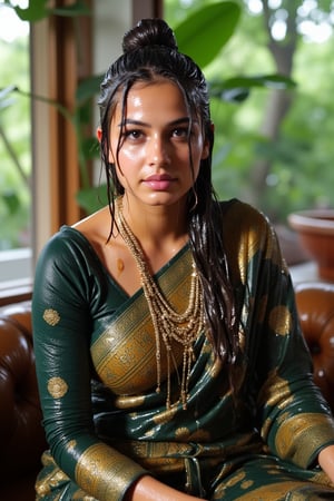 (wet clothes, wet hair, wet, wet face, wet skin, slimy hair , slimy saree, smily skin,wet slimed clothes cling to skin, slime shiny : 1.4 ) A soaking wet woman, adorned in traditional attire, sitting indoor amidst living room. She is wrapped in a very very wet soaked richly patterned, saree with intricate golden motifs. The saree has geometric designs, floral patterns, and other detailed artwork. The woman is also wearing a gold necklace, and her soaked hair is neatly tied up in a bun. Long sleeve . The background consists of trees and foliage, suggesting a serene and natural setting. Her hair skin clothes are wet . She has shampoo on her hair and soap all over her body. natural, volumetric lighting, 4K, RAW, masterpiece
 , , oil cascading clothes and skin, close-up portrait, white tiles background
.
, soakingwetclothes, wet clothes, wet hair, Visual Anime,art_booster,anime_screencap,fake_screenshot,anime coloring,Wet,covered in oil,covered in mud,wam,pouring oil,wetlook,pouring oil,Fetishwet