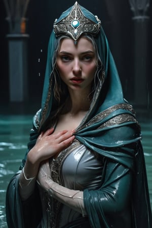 3D artwork, upper body shot represesenting a female young caracter. High elven hat shaped as a white seashell, mantle, shining silver jewels. (Majestic pose:1.4), (hieratic expression:1.6), emerging from the darkness in the style of Rembrandt. The caracter wears a white and (teal:0.8) large luxury dress. The character is illuminated from the side by a dark golden light. Marine vibes. Vibrant colors. The background is a black gothic cathedral interior dimly lit by moonlight. UHD, high resolution, 8k, (wet clothes, wet hair, wet, wet face, wet skin, 1girl, making out, in water, draped in shawl : 1.2),soakingwetclothes