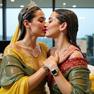 (wet clothes, wet hair, wet, wet face, wet skin,) 2girls, Two beautiful soaking wet Queens are kissing passionately in a modern office wearing beautiful wet  royal grey yellow ballgowns with intricate embroidery design.  They also wears wet green red royal cwet ape with heavy golden design motif. Wetness cascading through their body and clothes. ,soakingwetclothes, ((, beautiful faces, soakingwetclothes, ballgowns, wet ballgowns , wet faces, shawls, wet clothes, wet hair, wet skin, tiara, jewelry, clothes cling to skin, bracelet, necklace, watch :1.3)),Pakistani dress,18thcentury,georgian gown,Fetishwet,Wet,covered in oil,covered in mud,wam,pouring oil,wetlook,pouring oil,Wetfetish,Enhanced all