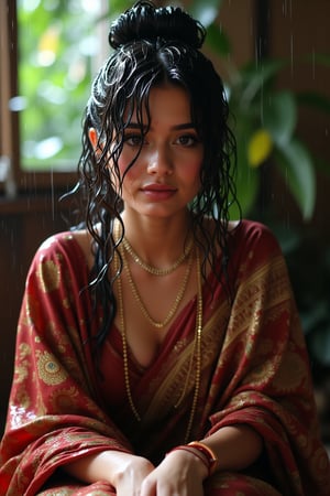 (wet clothes, wet hair, wet, wet face, wet skin, slimy hair , slimy saree, smily skin,wet slimed clothes cling to skin, slime shiny : 1.4 ) A soaking wet woman, adorned in traditional attire, sitting indoor amidst living room. She is wrapped in a very very wet soaked richly patterned, saree with intricate golden motifs. The saree has geometric designs, floral patterns, and other detailed artwork. The woman is also wearing a gold necklace, and her soaked hair is neatly tied up in a bun. Long sleeve . The background consists of trees and foliage, suggesting a serene and natural setting. Her hair skin clothes are wet . She has shampoo on her hair and soap all over her body. natural, volumetric lighting, 4K, RAW, masterpiece
 , , oil cascading clothes and skin, close-up portrait, white tiles background
.
, soakingwetclothes, wet clothes, wet hair, Visual Anime,art_booster,anime_screencap,fake_screenshot,anime coloring,Wet,covered in oil,covered in mud,wam,pouring oil,wetlook,pouring oil,Fetishwet