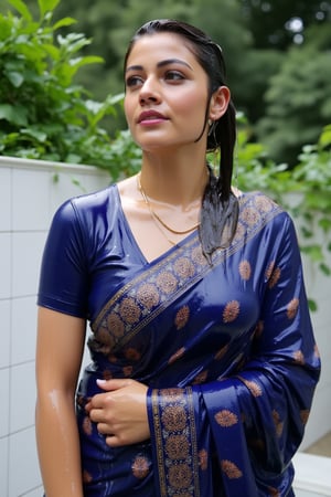 (wet clothes, wet hair, wet, wet face, wet skin, slimy hair , slimy shawl, smily skin,wet slimed clothes cling to skin, slime shiny : 1.4 ) A soaking wet woman, adorned in traditional attire, standing outdoors amidst greenery. She is wrapped in a very very wet soaked richly patterned, blue saree with intricate golden motifs. The saree has geometric designs, floral patterns, and other detailed artwork. The woman is also wearing a gold necklace, and her soaked hair is neatly tied up in a bun. The background consists of trees and foliage, suggesting a serene and natural setting. Her hair skin clothes are wet . She has shampoo on her hair and soap all over her body. natural, volumetric lighting, 4K, RAW, masterpiece
 , , oil cascading clothes and skin, close-up portrait, white tiles background
.
, soakingwetclothes, wet clothes, wet hair, Visual Anime,art_booster,anime_screencap,fake_screenshot,anime coloring,Wet,covered in oil,covered in mud,wam,pouring oil,wetlook,pouring oil,Fetishwet