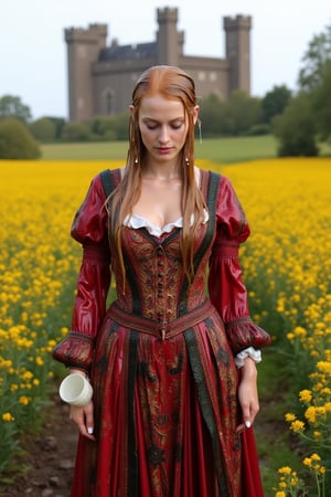 (wet clothes, wet hair, wet, wet face, wet skin,  : 1.4 ),(A photo of a young soaking wet woman wearing a traditional, elaborate wet gown with rich details and vibrant colors. The wet gown is a deep red color and is adorned with gold and dark green embroidery patterns. The wet woman has long, red-blonde wet hair styled in thick braids that drape over her shoulders. She is standing in a field of tall, golden flowers. The background contains a castle with tall, thin towers. The overall image has a soft, warm hue. Her hair, skin, and clothes are wet. She has shampoo on her hair and soap all over her body.
.
, soakingwetclothes, wet clothes, wet hair,photorealistic,georgian gown,Fetishwet,Wet,covered in oil,covered in mud,wam,pouring oil,wetlook,pouring oil