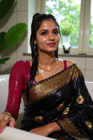 (wet clothes, wet hair, wet, wet face, wet skin, slimy hair , slimy saree, smily skin,wet slimed clothes cling to skin, slime shiny : 1.4 ) A soaking wet woman, adorned in traditional attire, sitting indoor amidst living room. She is wrapped in a very very wet soaked richly patterned, saree with intricate golden motifs. The saree has geometric designs, floral patterns, and other detailed artwork. The woman is also wearing a gold necklace, and her soaked hair is neatly tied up in a bun. Long sleeve . The background consists of trees and foliage, suggesting a serene and natural setting. Her hair skin clothes are wet . She has shampoo on her hair and soap all over her body. natural, volumetric lighting, 4K, RAW, masterpiece
 , , oil cascading clothes and skin, close-up portrait, white tiles background
.
, soakingwetclothes, wet clothes, wet hair, Visual Anime,art_booster,anime_screencap,fake_screenshot,anime coloring,Wet,covered in oil,covered in mud,wam,pouring oil,wetlook,pouring oil,Fetishwet