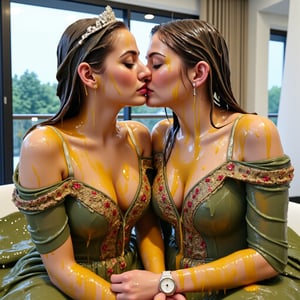 (wet clothes, wet hair, wet, wet face, wet skin,) 2girls, Two beautiful soaking wet Queens are kissing passionately in a modern office wearing beautiful wet  royal grey yellow ballgowns with intricate embroidery design.  They also wears wet green red royal cwet ape with heavy golden design motif. Wetness cascading through their body and clothes. ,soakingwetclothes, ((, beautiful faces, soakingwetclothes, ballgowns, wet ballgowns , wet faces, shawls, wet clothes, wet hair, wet skin, tiara, jewelry, clothes cling to skin, bracelet, necklace, watch :1.3)),Pakistani dress,18thcentury,georgian gown,Fetishwet,Wet,covered in oil,covered in mud,wam,pouring oil,wetlook,pouring oil,Wetfetish,Enhanced all