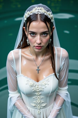 (Wet clothes,  wet hair,  wet skin:14) .

a medium-angle shot captures a woman in a white communion  dress with wet embroidery shawl, adorned with a cross necklace and earrings. The woman's wet dress is adorned with white gloves, adding a touch of touch to her outfit. Her wet hair is pulled back, cascading over her shoulders, framing her face. Her eyes are a deep blue, and her lips are pursed. The backdrop is a deep, blue-green, with a few white clouds floating in the water.

nt.,Wet,covered in oil,covered in mud,wam,wet clothes,pouring oil,wetlook,pouring oil,Fetishwet,Enhanced all,Wetfetish