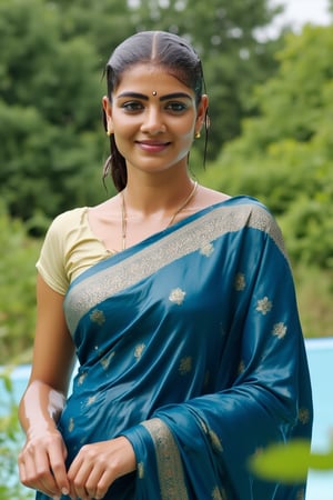 (wet clothes, wet hair, wet, wet face, wet skin, slimy hair , slimy shawl, smily skin,wet slimed clothes cling to skin, slime shiny : 1.4 ) A soaking wet woman, adorned in traditional attire, standing outdoors amidst greenery. She is wrapped in a very very wet soaked richly patterned, blue saree with intricate golden motifs. The saree has geometric designs, floral patterns, and other detailed artwork. The woman is also wearing a gold necklace, and her soaked hair is neatly tied up in a bun. The background consists of trees and foliage, suggesting a serene and natural setting. Her hair skin clothes are wet . She has shampoo on her hair and soap all over her body. natural, volumetric lighting, 4K, RAW, masterpiece
 , , oil cascading clothes and skin, close-up portrait, white tiles background
.
, soakingwetclothes, wet clothes, wet hair, Visual Anime,art_booster,anime_screencap,fake_screenshot,anime coloring,Wet,covered in oil,covered in mud,wam,pouring oil,wetlook,pouring oil,Fetishwet