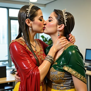 (wet clothes, wet hair, wet, wet face, wet skin,) 2girls, Two beautiful soaking wet Queens are kissing passionately in a modern office wearing beautiful wet  royal grey yellow ballgowns with intricate embroidery design.  They also wears wet green red royal cwet ape with heavy golden design motif. Wetness cascading through their body and clothes. ,soakingwetclothes, ((, beautiful faces, soakingwetclothes, ballgowns, wet ballgowns , wet faces, shawls, wet clothes, wet hair, wet skin, tiara, jewelry, clothes cling to skin, bracelet, necklace, watch :1.3)),Pakistani dress,18thcentury,georgian gown,Fetishwet,Wet,covered in oil,covered in mud,wam,pouring oil,wetlook,pouring oil,Wetfetish,Enhanced all