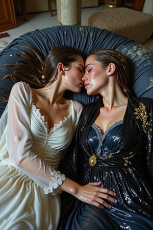 (wet clothes, wet hair, wet, wet face, wet skin, two girls kissing, shawl , wet veil, A cinematic photo of a soaking wet women princess in wet  Victorian-stylebred white  bridal ballgown attires and elegantly draped in wet black blue shawls with golden motif design, lying on another princess wet while they are sleeping together on a wet bed. Both of them are queens. They are making out and kissing. covered by a wet blanket. The dresses and shawls are wet and clinging to their bodies. Their dresses covered in transparens slimes. Their hair are completely wet and cling to their head and face. They wear a wet slimy shawl. slimy clothes, slimy hairs..: 1.4 ),(60s film , , soakingwetclothes, wet clothes, wet hair,photorealistic,georgian gown,18thcentury,Georgian gown,Pakistani dress,victorian dress,Fetishwet,Wet,covered in oil,covered in mud,wam,pouring oil,wetlook,pouring oil,Wetfetish,Enhanced all