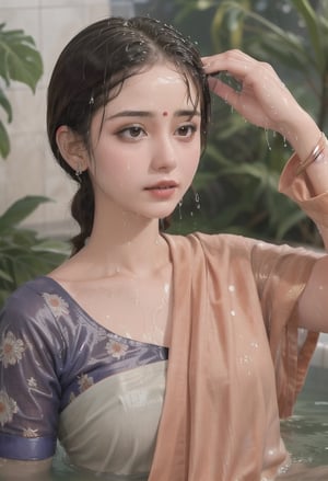 wet hair,SoakingWetClothes,  ((wet clothes, wet hair, bathing in water, face focused, skin pores, blouse, saree , detail face, )),wet hair,girl wearing indian saree,aliabhatt,SoakingWetClothes