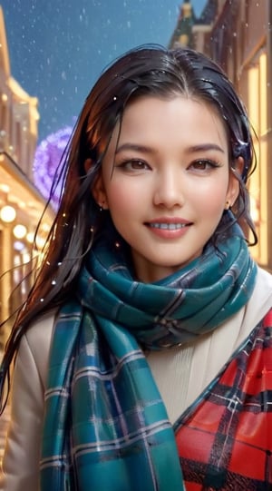 "Generate an image of a sophisticated young woman (23 years old) embracing the Christmas spirit as she indulges in holiday shopping at a chic city department store. Dressed in trendy woolen winter attire, she navigates through the glittering displays, carefully selecting gifts with a discerning eye. The bustling atmosphere is filled with festive decorations, sparkling lights, and the joyful hum of holiday music. The woman carries elegant shopping bags, and her face radiates excitement and satisfaction as she explores the upscale boutiques. This scene captures the glamour and thrill of Christmas shopping in a stylish urban setting." BREAK

(masterpiece,best quality,ultra-detailed,8K,intricate, realistic:1.3),(full body, wide shot:1.3),smile,black hair,sharp nose, earrings,jewelry, shiny skin, detailed exquisite face,cinematic lighting,1 girl,Color Booster, leonardo,style,cyberpunk style,greg rutkowski,cyberpunk,jeon_jihyun,((soakingwetclothes, wet clothes,  wet hair,  in water, face focused,  skin pores, wet, dripping wet, soaked, plaid scarf : 1.2))