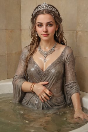 An exquisite masterpiece by Greg Rutkowski: a stunning wet anime female donning a medieval noble smile standing amidst an opulent bathroom setting. Soft, wet hair cascades down her wet porcelain skin as she gazes up at the camera, wet shawl wrapped elegantly around her shoulders. White tiles glisten beneath her, reflecting the subtle play of watercolor hues on her wet Victorian ballgown-clad form. Intricate details abound: delicate jewelry sparkles against her soaking-wet skin, while a tiara adorns her regal coiffure. The scene is bathed in warm, golden light, with the subject's face focused as she basks in the serenity of this majestic moment.,soakingwetclothes, ((heavy rain, beautiful faces, soakingwetclothes, saree, shawl,  wet clothes, wet hair, wet skin, tiara, jewelry, clothes cling to skin, bracelet, necklace, watch, submerged in tub:1.3)),Pakistani dress