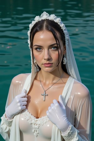 (Wet clothes,  wet hair,  wet skin:1.2) .

a medium-angle shot captures a woman in a white communion  dress with wet embroidery shawl, adorned with a cross necklace and earrings. The woman's wet dress is adorned with white gloves, adding a touch of touch to her outfit. Her wet hair is pulled back, cascading over her shoulders, framing her face. Her eyes are a deep blue, and her lips are pursed. The backdrop is a deep, blue-green, with a few white clouds floating in the water.

nt.,Wet,covered in oil,covered in mud,wam,wet clothes,pouring oil,wetlook,pouring oil,Fetishwet,Enhanced all,Wetfetish