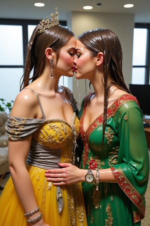 (wet clothes, wet hair, wet, wet face, wet skin,) 2girls, Two beautiful soaking wet Queens are kissing passionately in a modern office wearing beautiful wet  royal grey yellow ballgowns with intricate embroidery design.  They also wears wet green red royal cwet ape with heavy golden design motif. Wetness cascading through their body and clothes. ,soakingwetclothes, ((, beautiful faces, soakingwetclothes, ballgowns, wet ballgowns , wet faces, shawls, wet clothes, wet hair, wet skin, tiara, jewelry, clothes cling to skin, bracelet, necklace, watch :1.3)),Pakistani dress,18thcentury,georgian gown,Fetishwet,Wet,covered in oil,covered in mud,wam,pouring oil,wetlook,pouring oil,Wetfetish,Enhanced all