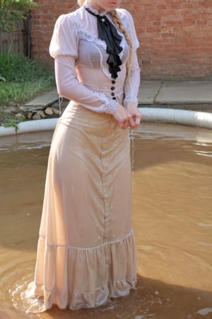 Dripping wet, blonde, braided hair,victorian dress,soakingwetclothes