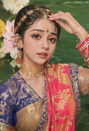 wet hair,SoakingWetClothes,  ((wet clothes, wet hair, bathing in water, face focused, skin pores, blouse, saree , detail face, )),wet hair,girl wearing indian saree,aliabhatt,SoakingWetClothes