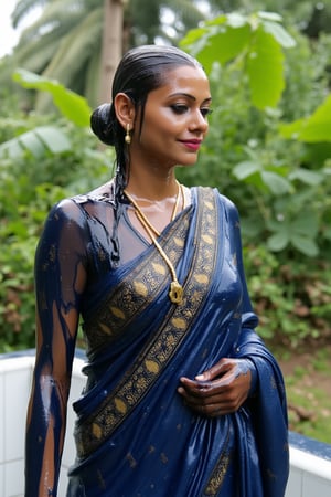 (wet clothes, wet hair, wet, wet face, wet skin, slimy hair , slimy shawl, smily skin,wet slimed clothes cling to skin, slime shiny : 1.4 ) A soaking wet woman, adorned in traditional attire, standing outdoors amidst greenery. She is wrapped in a very very wet soaked richly patterned, blue saree with intricate golden motifs. The saree has geometric designs, floral patterns, and other detailed artwork. The woman is also wearing a gold necklace, and her soaked hair is neatly tied up in a bun. The background consists of trees and foliage, suggesting a serene and natural setting. Her hair skin clothes are wet . She has shampoo on her hair and soap all over her body. natural, volumetric lighting, 4K, RAW, masterpiece
 , , oil cascading clothes and skin, close-up portrait, white tiles background
.
, soakingwetclothes, wet clothes, wet hair, Visual Anime,art_booster,anime_screencap,fake_screenshot,anime coloring,Wet,covered in oil,covered in mud,wam,pouring oil,wetlook,pouring oil,Fetishwet