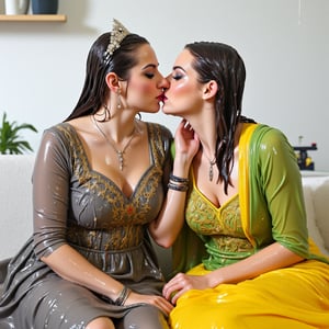 (wet clothes, wet hair, wet, wet face, wet skin,) 2girls, Two beautiful soaking wet Queens are kissing passionately in a modern office wearing beautiful wet  royal grey yellow ballgowns with intricate embroidery design.  They also wears wet green red royal cwet ape with heavy golden design motif. Wetness cascading through their body and clothes. ,soakingwetclothes, ((, beautiful faces, soakingwetclothes, ballgowns, wet ballgowns , wet faces, shawls, wet clothes, wet hair, wet skin, tiara, jewelry, clothes cling to skin, bracelet, necklace, watch :1.3)),Pakistani dress,18thcentury,georgian gown,Fetishwet,Wet,covered in oil,covered in mud,wam,pouring oil,wetlook,pouring oil,Wetfetish,Enhanced all