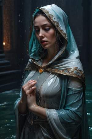 3D artwork, upper body shot represesenting a female young caracter. High elven hat shaped as a white seashell, mantle, shining silver jewels. (Majestic pose:1.4), (hieratic expression:1.6), emerging from the darkness in the style of Rembrandt. The caracter wears a white and (teal:0.8) large luxury dress. The character is illuminated from the side by a dark golden light. Marine vibes. Vibrant colors. The background is a black gothic cathedral interior dimly lit by moonlight. UHD, high resolution, 8k, (wet clothes, wet hair, wet, wet face, wet skin, 1girl, making out, in water, draped in shawl : 1.2),soakingwetclothes