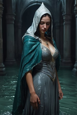 3D artwork, upper body shot represesenting a female young caracter. High elven hat shaped as a white seashell, mantle, shining silver jewels. (Majestic pose:1.4), (hieratic expression:1.6), emerging from the darkness in the style of Rembrandt. The caracter wears a white and (teal:0.8) large luxury dress. The character is illuminated from the side by a dark golden light. Marine vibes. Vibrant colors. The background is a black gothic cathedral interior dimly lit by moonlight. UHD, high resolution, 8k, (wet clothes, wet hair, wet, wet face, wet skin, 1girl, making out, in water, draped in shawl : 1.2),soakingwetclothes