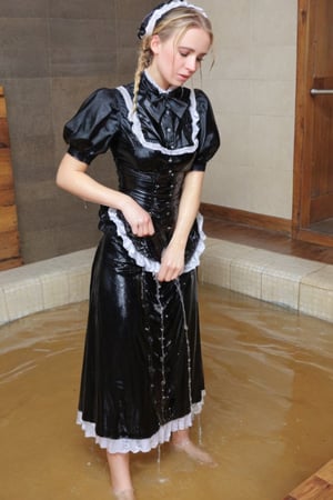 Maid, Dripping wet, blonde, braided hair,victorian dress,soakingwetclothes