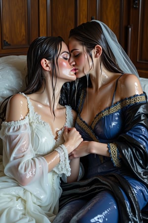 (wet clothes, wet hair, wet, wet face, wet skin, two girls kissing, shawl , wet veil, A cinematic photo of a soaking wet women princess in wet  Victorian-stylebred white  bridal ballgown attires and elegantly draped in wet black blue shawls with golden motif design, lying on another princess wet while they are sleeping together on a wet bed. Both of them are queens. They are making out and kissing. covered by a wet blanket. The dresses and shawls are wet and clinging to their bodies. Their dresses covered in transparens slimes. Their hair are completely wet and cling to their head and face. They wear a wet slimy shawl. slimy clothes, slimy hairs..: 1.4 ),(60s film , , soakingwetclothes, wet clothes, wet hair,photorealistic,georgian gown,18thcentury,Georgian gown,Pakistani dress,victorian dress,Fetishwet,Wet,covered in oil,covered in mud,wam,pouring oil,wetlook,pouring oil,Wetfetish,Enhanced all