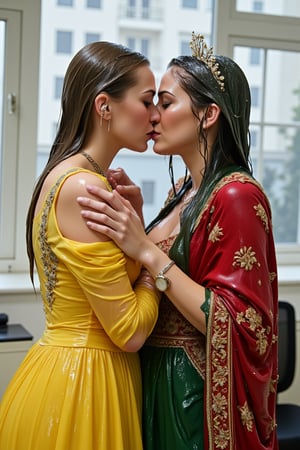 (wet clothes, wet hair, wet, wet face, wet skin,) 2girls, Two beautiful soaking wet Queens are kissing passionately in a modern office wearing beautiful wet  royal grey yellow ballgowns with intricate embroidery design.  They also wears wet green red royal cwet ape with heavy golden design motif. Wetness cascading through their body and clothes. ,soakingwetclothes, ((, beautiful faces, soakingwetclothes, ballgowns, wet ballgowns , wet faces, shawls, wet clothes, wet hair, wet skin, tiara, jewelry, clothes cling to skin, bracelet, necklace, watch :1.3)),Pakistani dress,18thcentury,georgian gown,Fetishwet,Wet,covered in oil,covered in mud,wam,pouring oil,wetlook,pouring oil,Wetfetish,Enhanced all