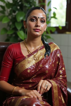 (wet clothes, wet hair, wet, wet face, wet skin, slimy hair , slimy saree, smily skin,wet slimed clothes cling to skin, slime shiny : 1.4 ) A soaking wet woman, adorned in traditional attire, sitting indoor amidst living room. She is wrapped in a very very wet soaked richly patterned, saree with intricate golden motifs. The saree has geometric designs, floral patterns, and other detailed artwork. The woman is also wearing a gold necklace, and her soaked hair is neatly tied up in a bun. Long sleeve . The background consists of trees and foliage, suggesting a serene and natural setting. Her hair skin clothes are wet . She has shampoo on her hair and soap all over her body. natural, volumetric lighting, 4K, RAW, masterpiece
 , , oil cascading clothes and skin, close-up portrait, white tiles background
.
, soakingwetclothes, wet clothes, wet hair, Visual Anime,art_booster,anime_screencap,fake_screenshot,anime coloring,Wet,covered in oil,covered in mud,wam,pouring oil,wetlook,pouring oil,Fetishwet