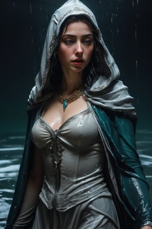 3D artwork, upper body shot represesenting a female young caracter. High elven hat shaped as a white seashell, mantle, shining silver jewels. (Majestic pose:1.4), (hieratic expression:1.6), emerging from the darkness in the style of Rembrandt. The caracter wears a white and (teal:0.8) large luxury dress. The character is illuminated from the side by a dark golden light. Marine vibes. Vibrant colors. The background is a black gothic cathedral interior dimly lit by moonlight. UHD, high resolution, 8k, (wet clothes, wet hair, wet, wet face, wet skin, 1girl, making out, in water, draped in shawl : 1.2),soakingwetclothes