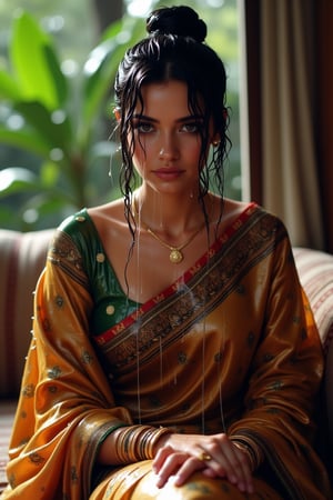 (wet clothes, wet hair, wet, wet face, wet skin, slimy hair , slimy saree, smily skin,wet slimed clothes cling to skin, slime shiny : 1.4 ) A soaking wet woman, adorned in traditional attire, sitting indoor amidst living room. She is wrapped in a very very wet soaked richly patterned, saree with intricate golden motifs. The saree has geometric designs, floral patterns, and other detailed artwork. The woman is also wearing a gold necklace, and her soaked hair is neatly tied up in a bun. Long sleeve . The background consists of trees and foliage, suggesting a serene and natural setting. Her hair skin clothes are wet . She has shampoo on her hair and soap all over her body. natural, volumetric lighting, 4K, RAW, masterpiece
 , , oil cascading clothes and skin, close-up portrait, white tiles background
.
, soakingwetclothes, wet clothes, wet hair, Visual Anime,art_booster,anime_screencap,fake_screenshot,anime coloring,Wet,covered in oil,covered in mud,wam,pouring oil,wetlook,pouring oil,Fetishwet