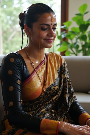 (wet clothes, wet hair, wet, wet face, wet skin, slimy hair , slimy saree, smily skin,wet slimed clothes cling to skin, slime shiny : 1.4 ) A soaking wet woman, adorned in traditional attire, sitting indoor amidst living room. She is wrapped in a very very wet soaked richly patterned, saree with intricate golden motifs. The saree has geometric designs, floral patterns, and other detailed artwork. The woman is also wearing a gold necklace, and her soaked hair is neatly tied up in a bun. Long sleeve . The background consists of trees and foliage, suggesting a serene and natural setting. Her hair skin clothes are wet . She has shampoo on her hair and soap all over her body. natural, volumetric lighting, 4K, RAW, masterpiece
 , , oil cascading clothes and skin, close-up portrait, white tiles background
.
, soakingwetclothes, wet clothes, wet hair, Visual Anime,art_booster,anime_screencap,fake_screenshot,anime coloring,Wet,covered in oil,covered in mud,wam,pouring oil,wetlook,pouring oil,Fetishwet