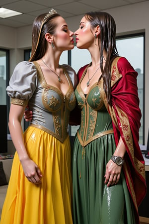 (wet clothes, wet hair, wet, wet face, wet skin,) 2girls, Two beautiful soaking wet Queens are kissing passionately in a modern office wearing beautiful wet  royal grey yellow ballgowns with intricate embroidery design.  They also wears wet green red royal cwet ape with heavy golden design motif. Wetness cascading through their body and clothes. ,soakingwetclothes, ((, beautiful faces, soakingwetclothes, ballgowns, wet ballgowns , wet faces, shawls, wet clothes, wet hair, wet skin, tiara, jewelry, clothes cling to skin, bracelet, necklace, watch :1.3)),Pakistani dress,18thcentury,georgian gown,Fetishwet,Wet,covered in oil,covered in mud,wam,pouring oil,wetlook,pouring oil,Wetfetish,Enhanced all